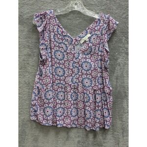 Boho Peplum Blouse Womens‎ LP Pink Purple Geometric Flutter Sleeve LOFT Top